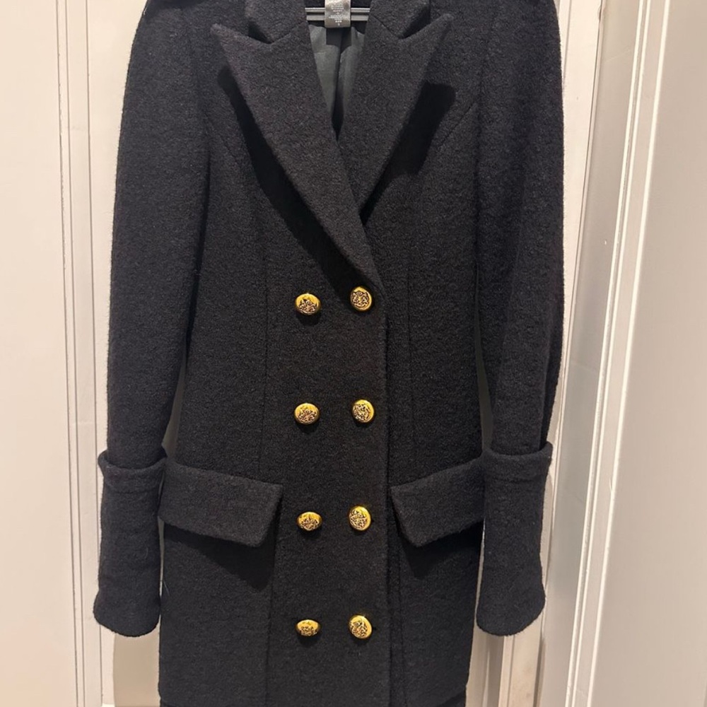 Smythe Black Double-Breasted Wool Pea Coat with Gold Buttons - Picture 3 of 6